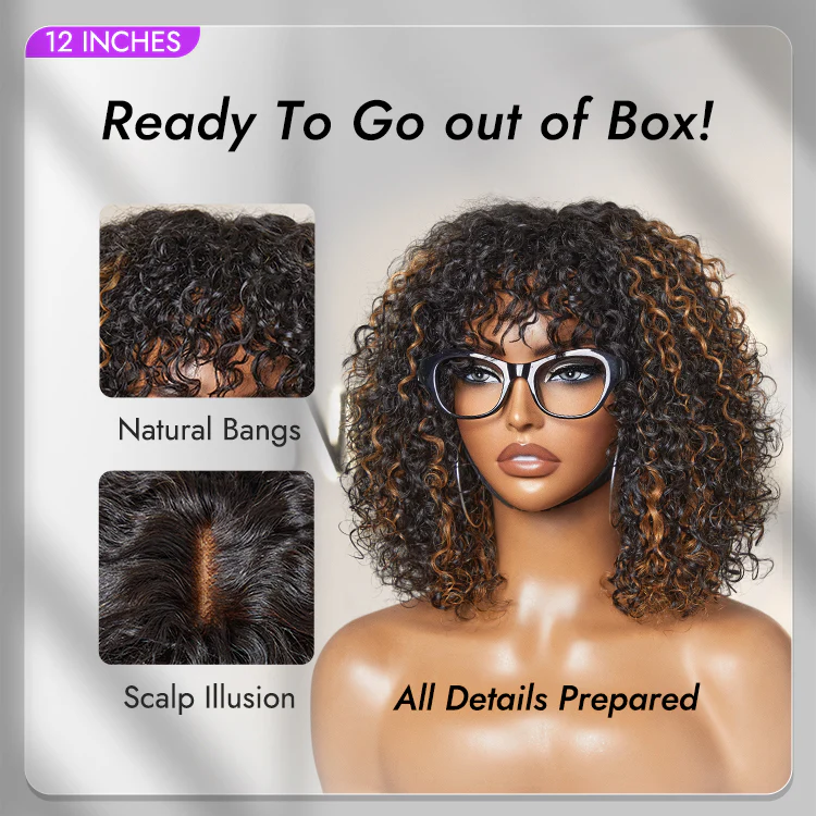 1 SEC INSTALL WIG | Brown Highlight Water Wave Natural Scalp Glueless Minimalist Lace Short Curly Wig with Bangs - Image 4