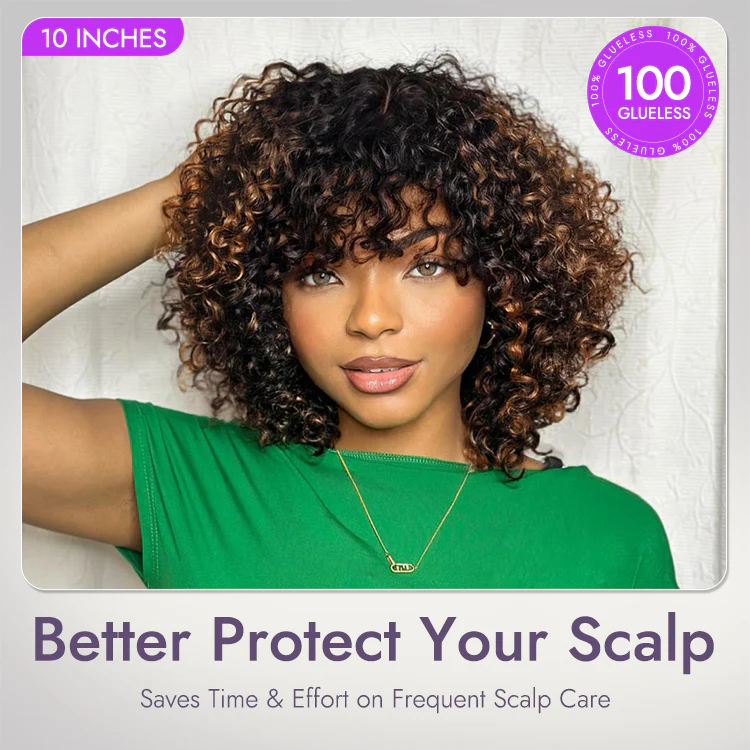 1 SEC INSTALL WIG | Brown Highlight Water Wave Natural Scalp Glueless Minimalist Lace Short Curly Wig with Bangs - Image 5