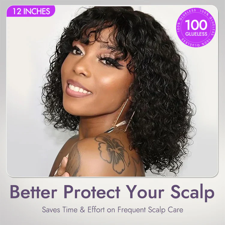 1 SEC INSTALL WIG | Brown Highlight Water Wave Natural Scalp Glueless Minimalist Lace Short Curly Wig with Bangs - Image 9