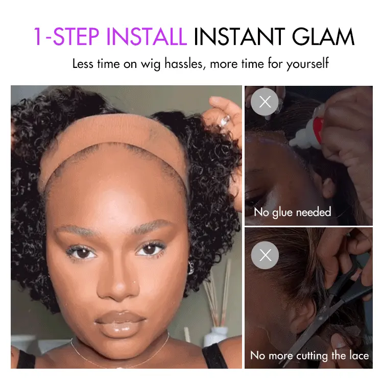 1 SEC INSTALL WIG | Honey Blonde Highlight / Natural Black Kinky Curly Glueless Minimalist HD Lace Classic Short Wig Pre-Cut Lace - Image 3