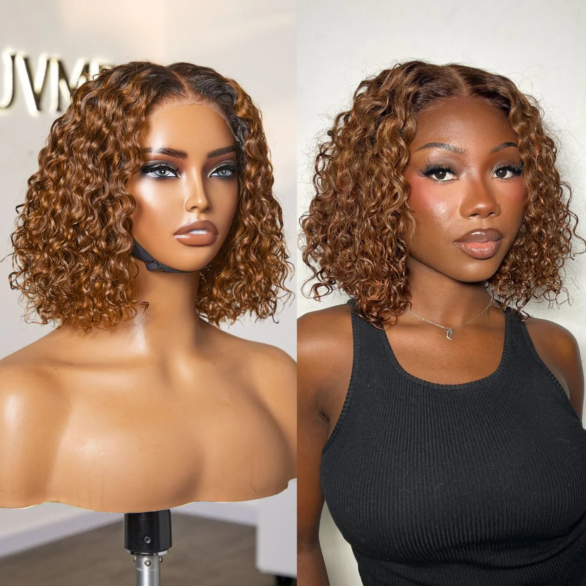 Warm Caramel Brown / Natural Black / Blonde Highlight Deep Curly Glueless 5x5 Closure Pre-Cut Lace Wig - Image 2