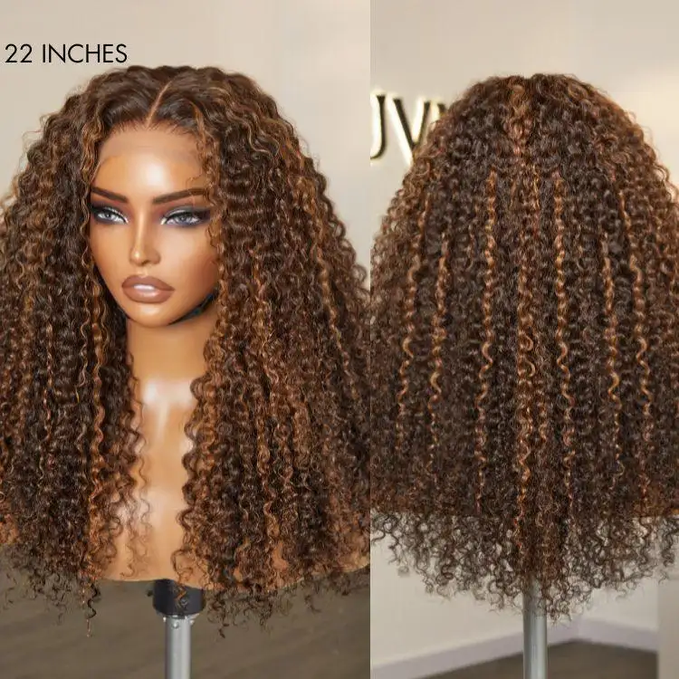 180% Density Copper Highlight Kinky Curly Glueless 5x5 Lace Closure Wig Pre-Cut Lace - Image 7