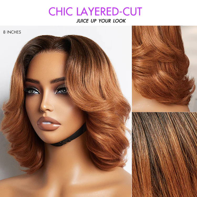 2 For $149.9 | 12 Inches Honey Blonde Highlight Yaki Bob with Bangs+ 8 Inches Boss Vibe Short Pixie Cut Minimalist Lace Wig No Code Needed - Image 3