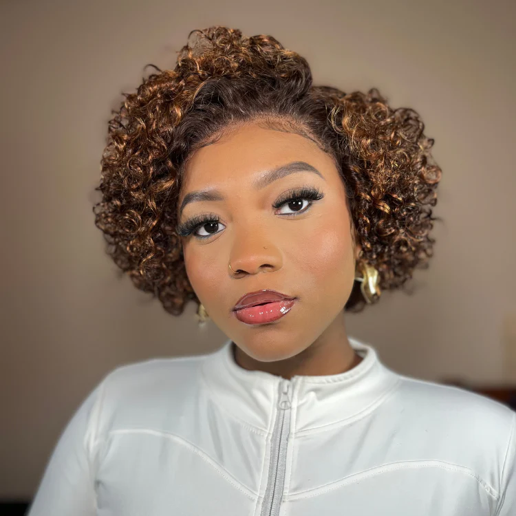 2 For $149.9 | 6 Inches Big Curly Glueless Ultra Comfort Cotton Cap Hair Wig + 10 Inches Brown Highlight Short Cut Wide T Lace Wig No Code Needed - Image 4