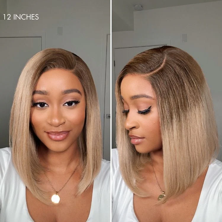 2 For $169.9 | 12 Inches Ash Blonde Ombre Blunt Cut Bob Minimalist HD Lace Wig+ 14 Inches Brown Ombre Loose Wave Minimalist HD Lace Glueless Short Wig No Code Needed - Image 4