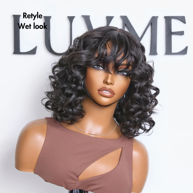 Mature Lady Short Loose Wave Minimalist Lace Wavy Bob Wig with Bangs - US Only - Image 3