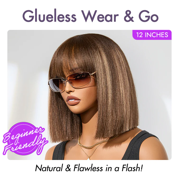 Ash Blonde Highlights Yaki Blunt Cut Bob Wig with Bangs Glueless Minimalist Lace Short Wig Breathable Cap - Image 2