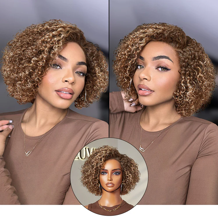 Beginner Friendly Ash Blonde Highlight Short Kinky Curly Wig Minimalist HD Lace Wig Pre-Cut Lace - US Only