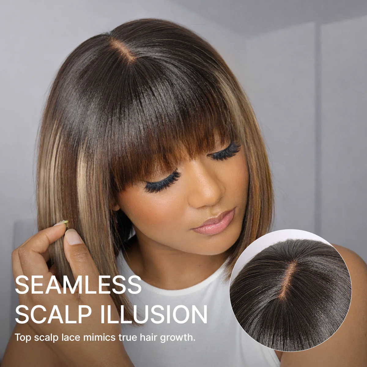 Beginner Friendly Honey Blonde Highlight Yaki Blunt Cut Bob Glueless Minimalist Lace Bob Wig with Bangs - Image 3