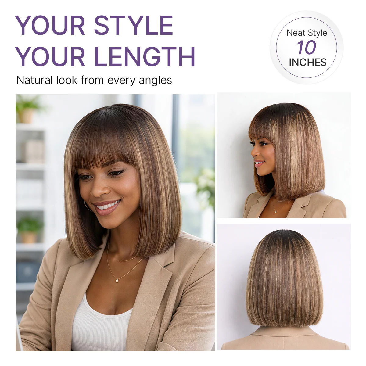 Beginner Friendly Honey Blonde Highlight Yaki Blunt Cut Bob Glueless Minimalist Lace Bob Wig with Bangs - Image 4