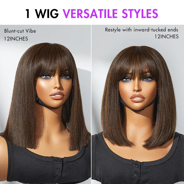 Beginner Friendly Breathable Cap Yaki Blunt Cut Minimalist Lace Brown Bob Wig with Bangs - US Only - Image 2