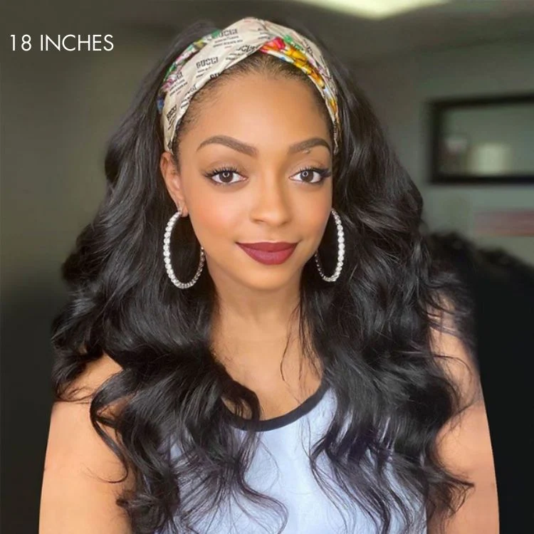 Natural Black Body Wave No Lace Glueless Long Headband Wig 100% Human Hair - Image 5