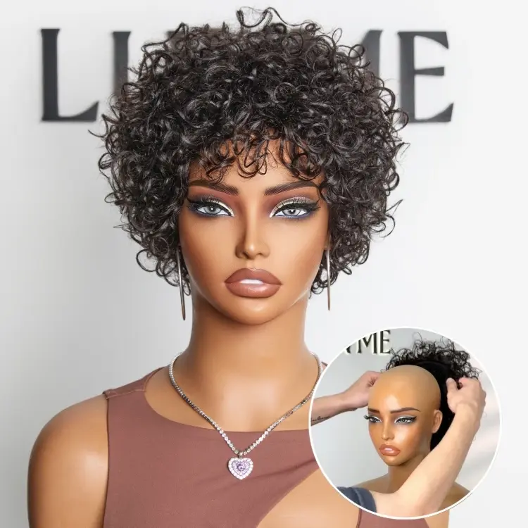 Throw On & Go Brown Highlight / Natural Black Short Bouncy Curls with Bangs Glueless Wig 100% Human Hair - US Only - Image 10