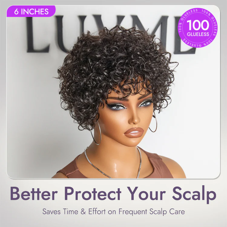 Throw On & Go Brown Highlight / Natural Black Short Bouncy Curls with Bangs Glueless Wig 100% Human Hair - US Only - Image 12