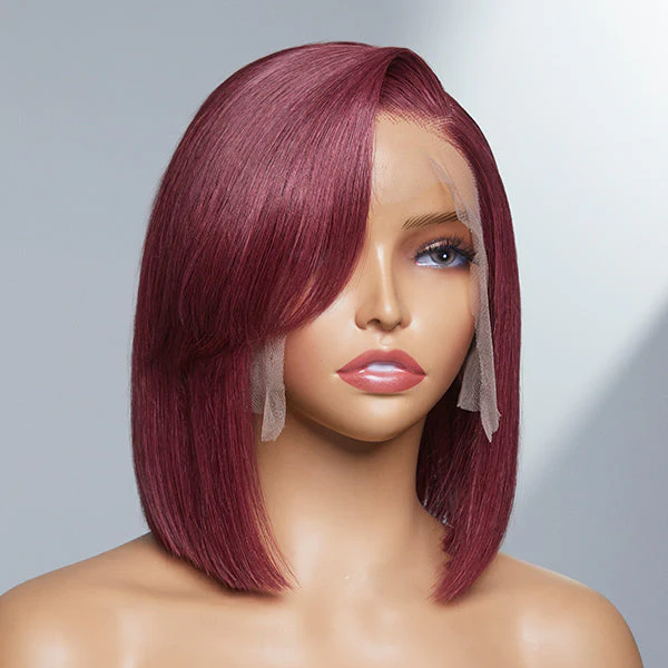 Burgundy New Trend Side-swept Bangs Glueless Wide T Lace Bob Wig 100% Human Hair - US Only