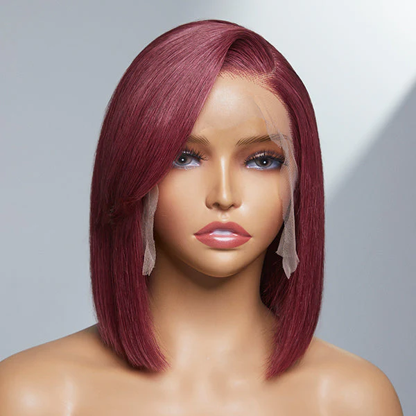 Burgundy New Trend Side-swept Bangs Glueless Wide T Lace Bob Wig 100% Human Hair - US Only - Image 4