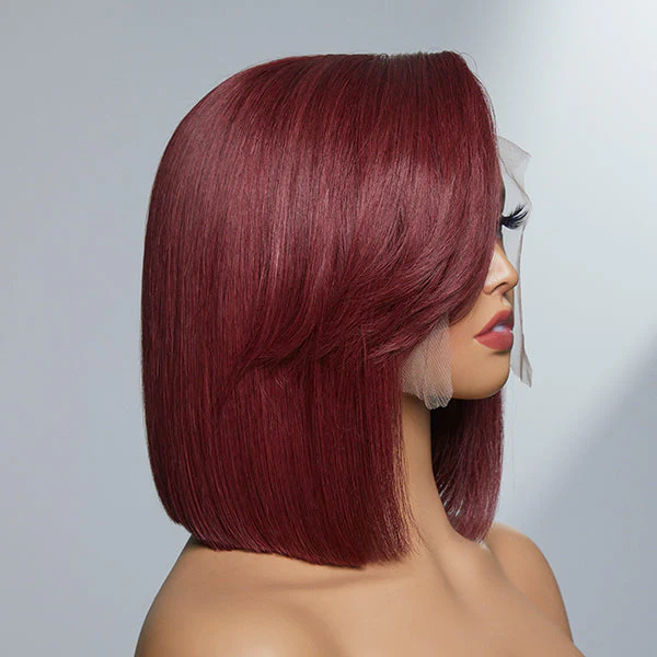 Burgundy New Trend Side-swept Bangs Glueless Wide T Lace Bob Wig 100% Human Hair - US Only - Image 5