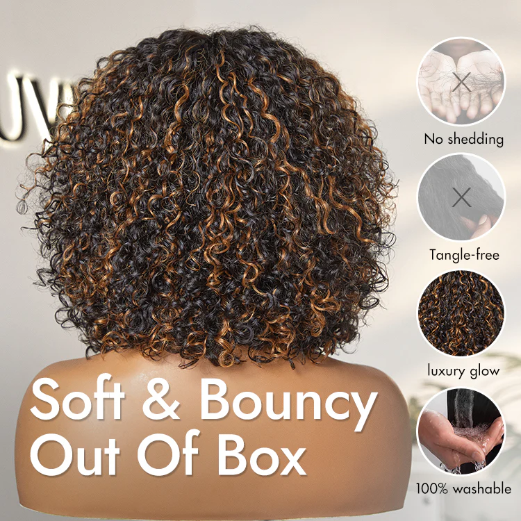 Weekly Special | 1 SEC INSTALL WIG | Brown Highlight Water Wave Natural Scalp Glueless Minimalist Lace Short Curly Wig with Bangs - Image 7