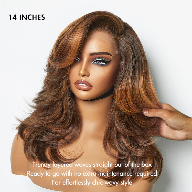 Effortlessly Chic Butterfly Haircut Pre-Layered Cut Brown Highlight Glueless Minimalist HD Lace Shoulder Length Wig - Image 3