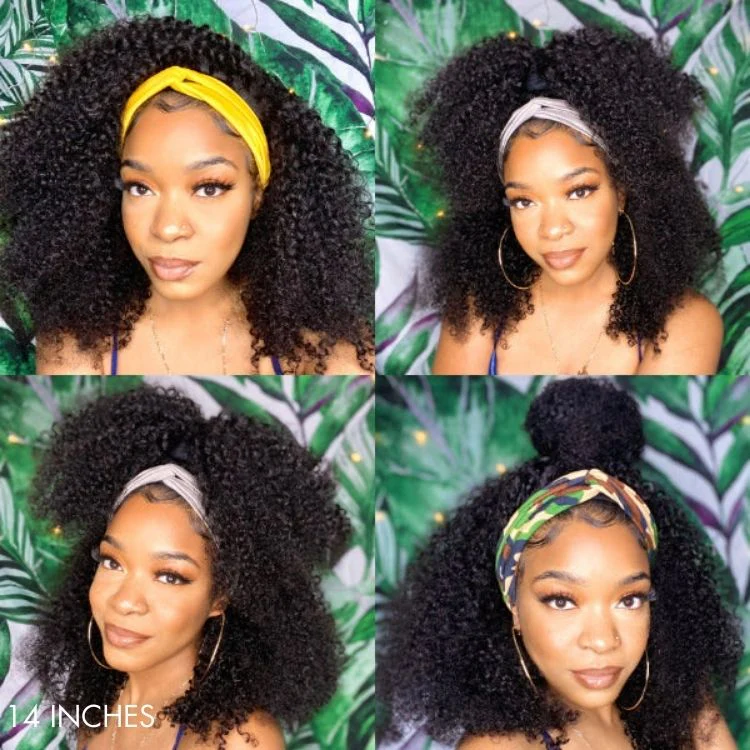 Exclusive Discount | Natural Black Jerry Curly No Lace Glueless Free Part Long Headband Wig 100% Human Hair (Get Free Trendy Headbands) - Image 4