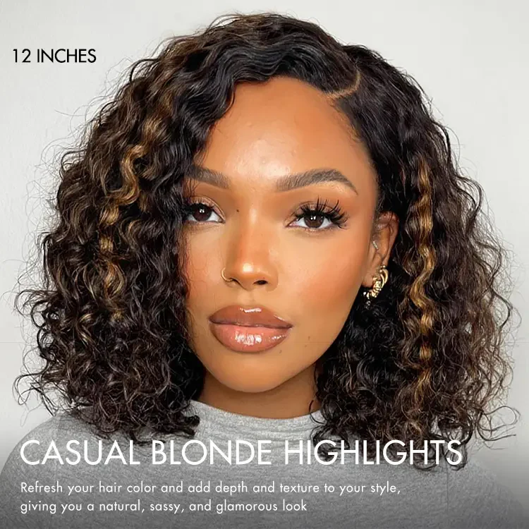 Exclusive Sale | Blonde Highlight Short Curly Glueless Minimalist HD Lace Human Hair Wig - Image 3