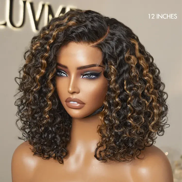 Exclusive Sale | Blonde Highlight Short Curly Glueless Minimalist HD Lace Human Hair Wig - Image 4