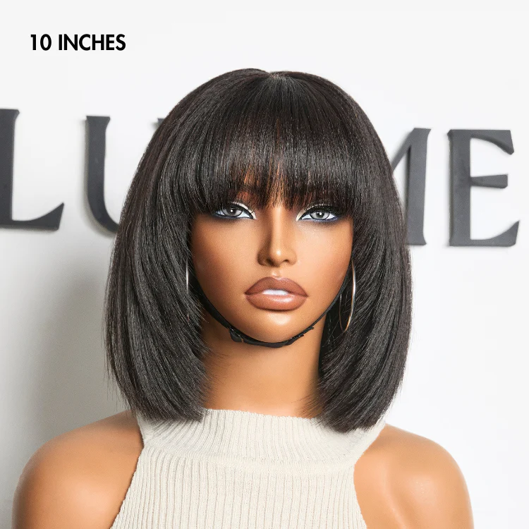Exclusive Sale | Put On and Go Reddish Purple / Brown Highlight / Natural Black Layered Cut Yaki Straight Minimalist Lace Bob Wig with Bangs - Image 10
