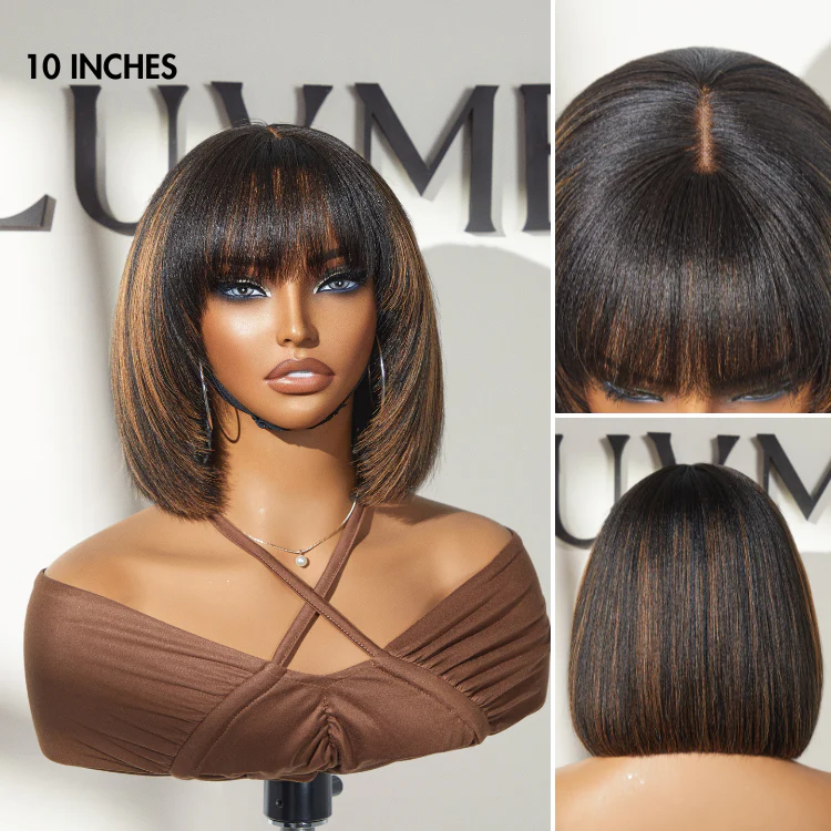Exclusive Sale | Put On and Go Reddish Purple / Brown Highlight / Natural Black Layered Cut Yaki Straight Minimalist Lace Bob Wig with Bangs - Image 5