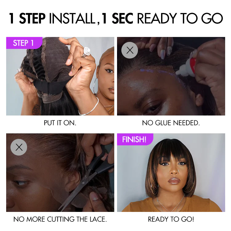 Exclusive Sale | Put On and Go Reddish Purple / Brown Highlight / Natural Black Layered Cut Yaki Straight Minimalist Lace Bob Wig with Bangs - Image 9