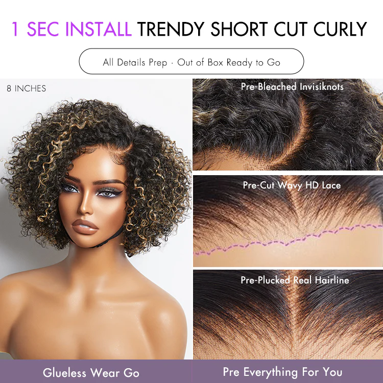 Exclusive Sale | Trendy Short Cut Curly Minimalist HD Lace Glueless Side Part Wig 100% Human Hair - Image 8