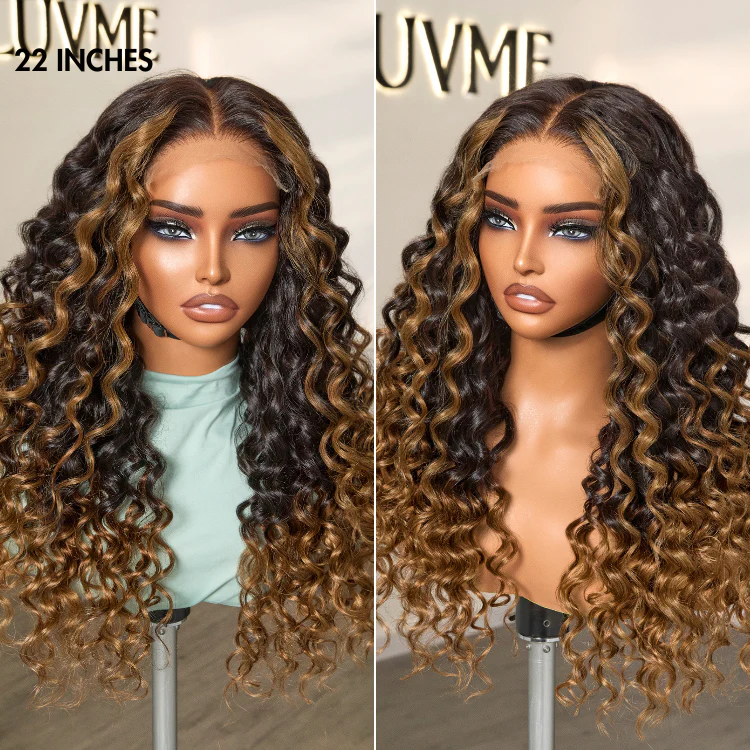 Fluffy Brown Ombre Highlights Water Wave Glueless 5x5 Closure HD Lace Long Curly Wig Breathable Cap - Image 2