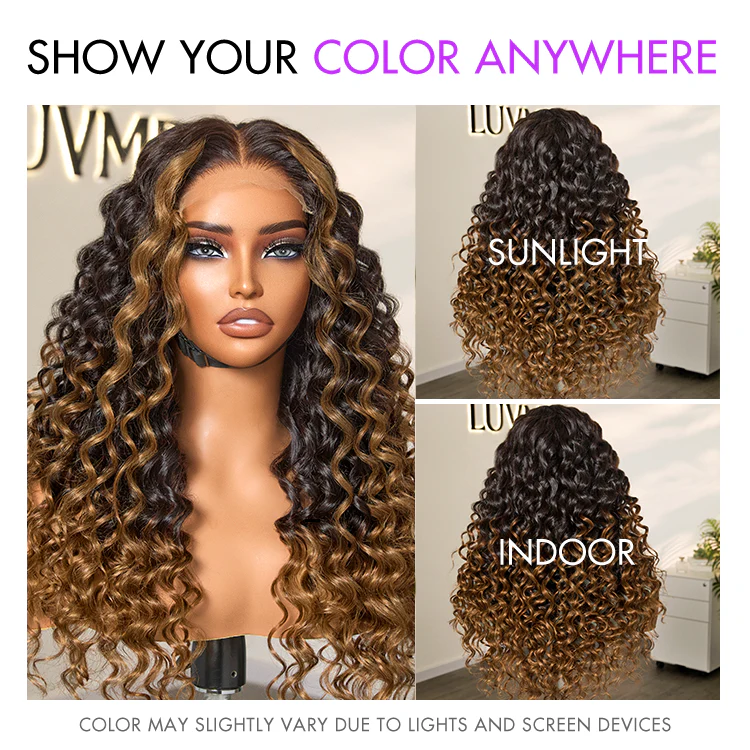 Fluffy Brown Ombre Highlights Water Wave Glueless 5x5 Closure HD Lace Long Curly Wig Breathable Cap - Image 4