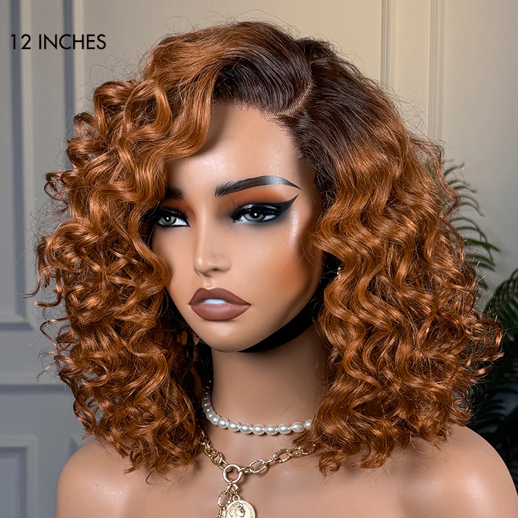 Ginger Ombre Bouncy Curly Glueless Minimalist HD Lace Short Wig 100% Human Hair - Image 2