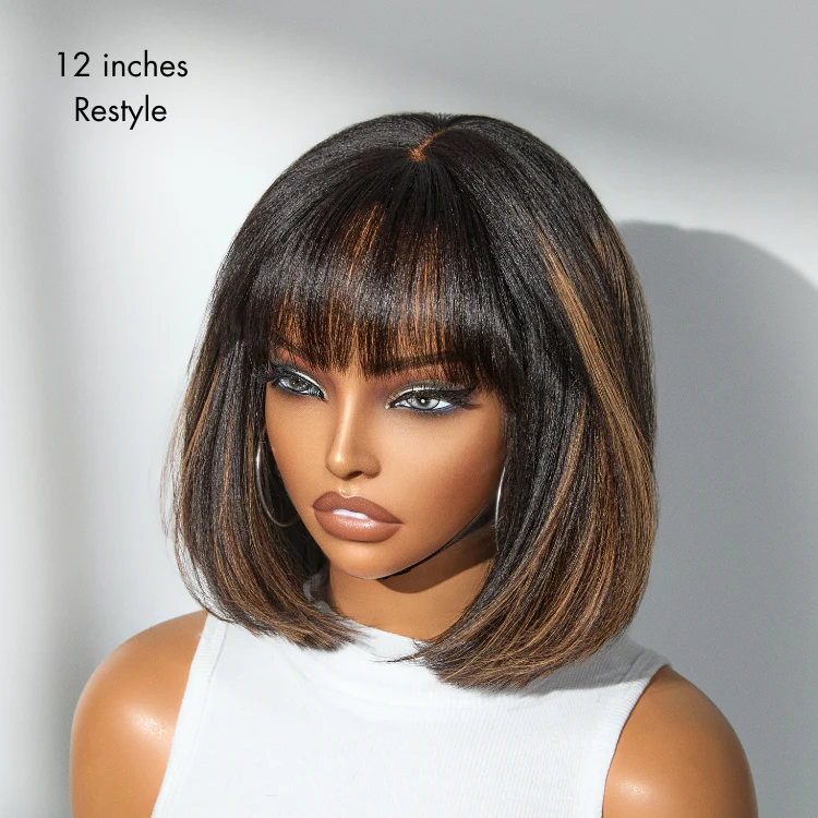 Exclusive Discount | Put On and Go Realistic Glueless Yaki Straight Bob With Bangs Minimalist HD Lace Wig 100% Human Hair - Image 9