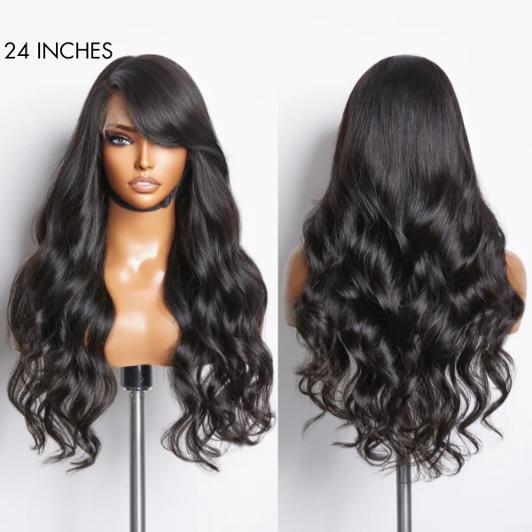 Graceful Natural Black Body Wave with Bangs 5x5 Closure Lace Glueless C Part Long Wig - US Only - Image 3