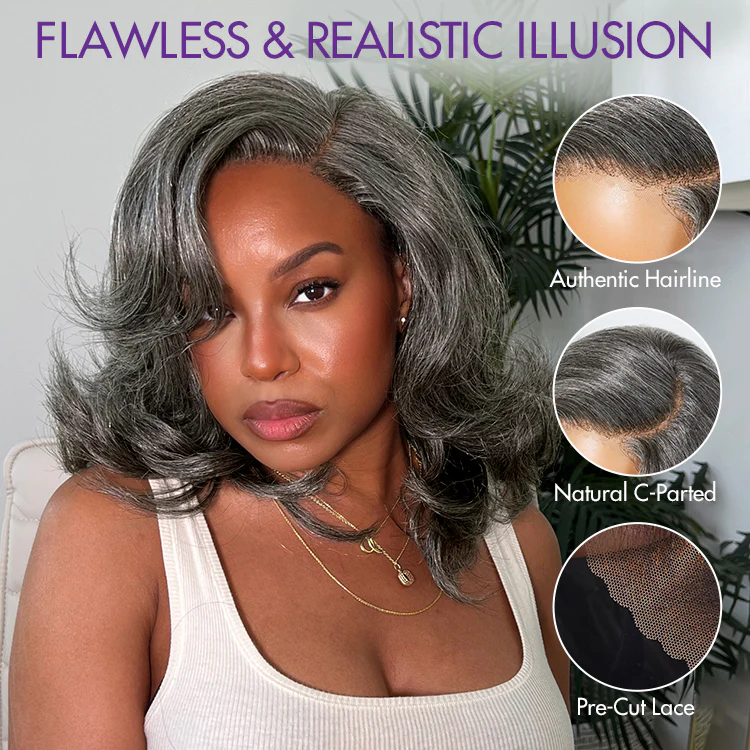 Layered Blowout Salt and Pepper Glueless Grey Wig Minimalist HD Lace Shoulder Length Wavy Wig - Image 5
