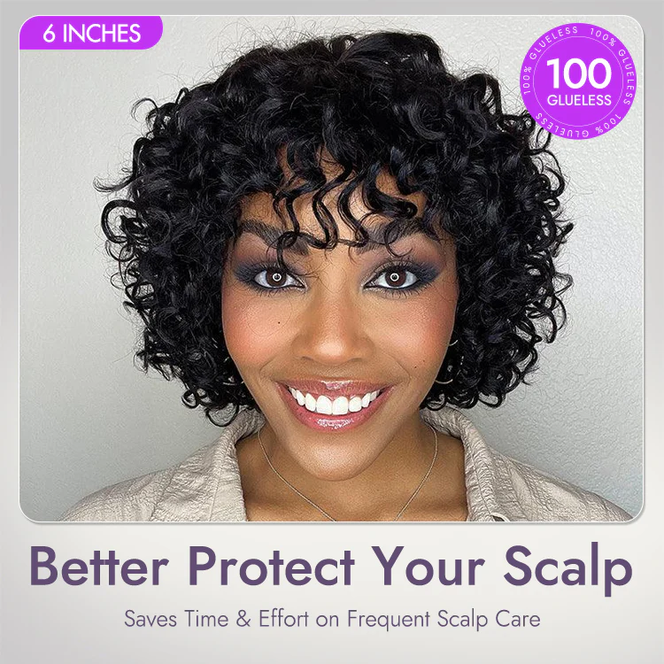Light Weight Short Cut Water Wave Glueless Minimalist Lace Wig with Curly Bangs - US Only - Image 4
