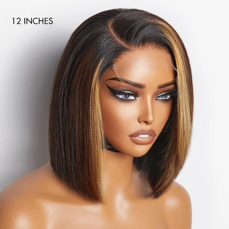 Brown Blonde Combo Highlight Straight Glueless 5x5 Closure HD Lace Bob Wig | Large & Small Cap Size - Image 2