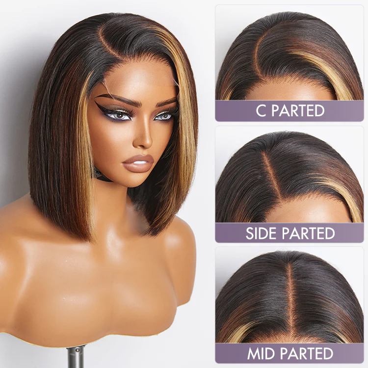Brown Blonde Combo Highlight Straight Glueless 5x5 Closure HD Lace Bob Wig | Large & Small Cap Size - Image 3