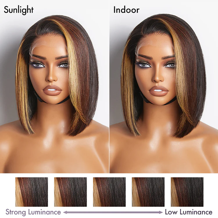 Brown Blonde Combo Highlight Straight Glueless 5x5 Closure HD Lace Bob Wig | Large & Small Cap Size - Image 5