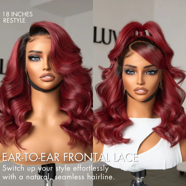 Gorgeous Loose Body Wave Red Hair Wig with Dark Roots Ear-to-Ear 13x4 Frontal Lace Wig - Image 2