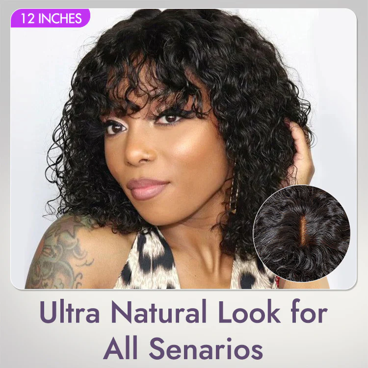 Beginner Friendly Water Wave Minimalist Lace Glueless Short Curly Wig with Bangs - Image 3