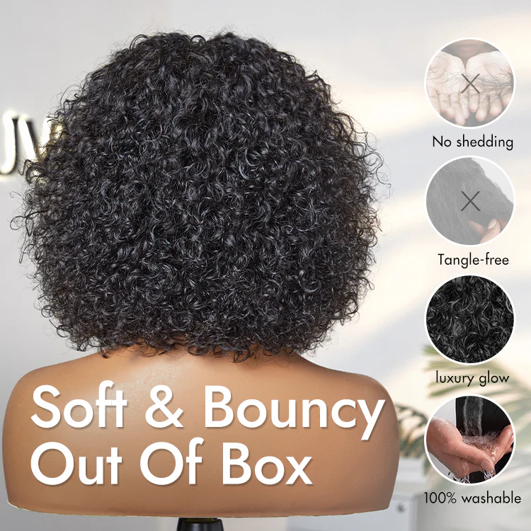 Beginner Friendly Water Wave Minimalist Lace Glueless Short Curly Wig with Bangs - Image 9