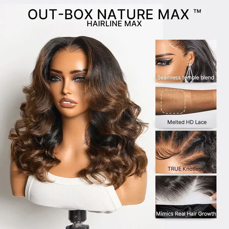NatureMAX™ 200% Density Ombre Brown / Natural Loose Wave Glueless 13x6 HD Lace Front Shoulder Length Wig Pre-Cut Lace Flexi-Fit Drawstring Cap - Image 9