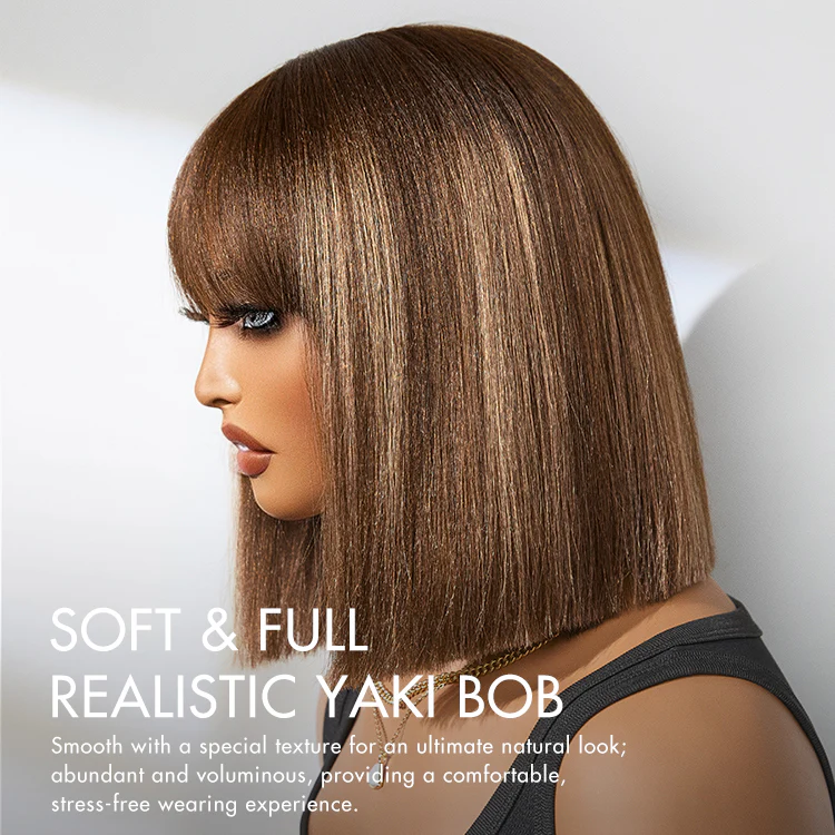 New Customers Only | Ash Blonde Highlights Yaki Blunt Cut Bob Wig with Bangs Glueless Minimalist Lace Short Wig Breathable Cap - Image 4