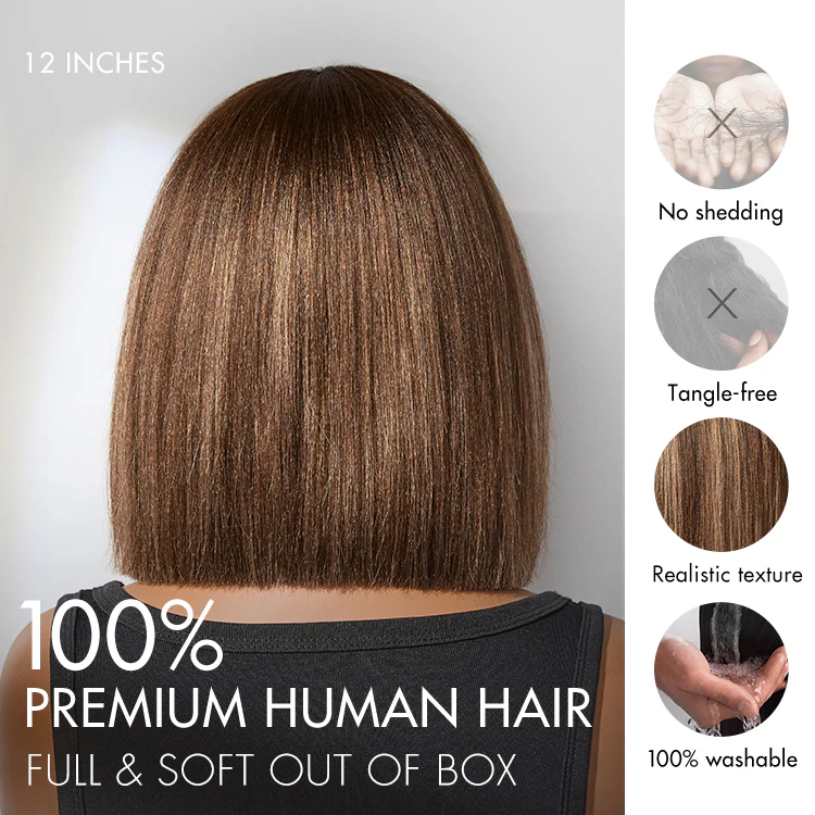 New Customers Only | Ash Blonde Highlights Yaki Blunt Cut Bob Wig with Bangs Glueless Minimalist Lace Short Wig Breathable Cap - Image 6