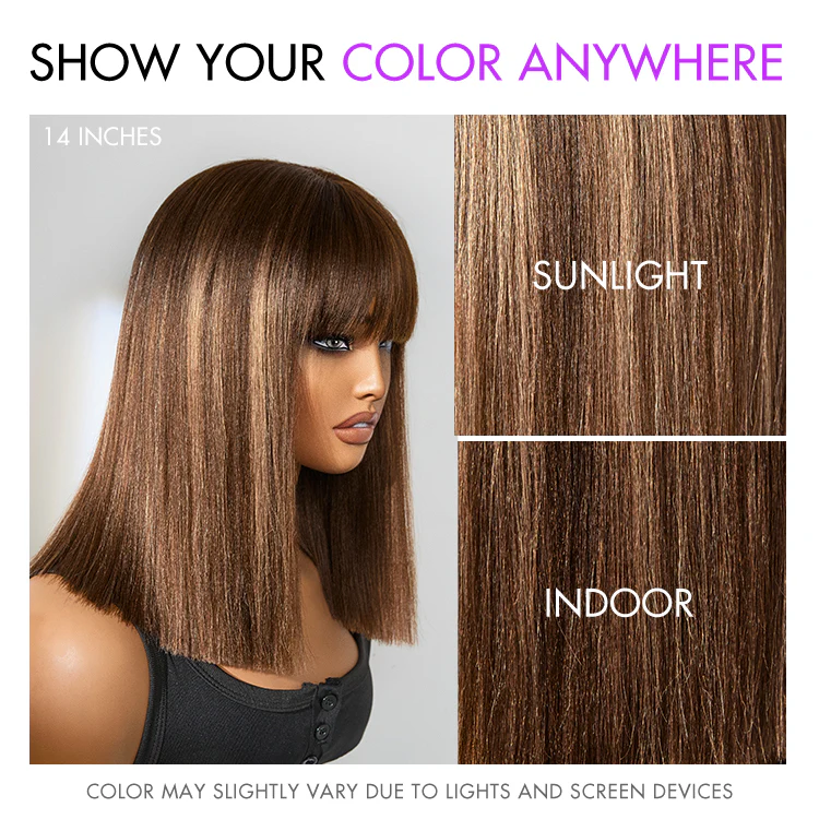 New Customers Only | Ash Blonde Highlights Yaki Blunt Cut Bob Wig with Bangs Glueless Minimalist Lace Short Wig Breathable Cap - Image 7