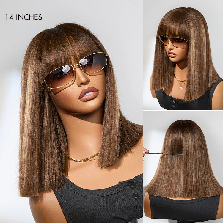New Customers Only | Ash Blonde Highlights Yaki Blunt Cut Bob Wig with Bangs Glueless Minimalist Lace Short Wig Breathable Cap - Image 8