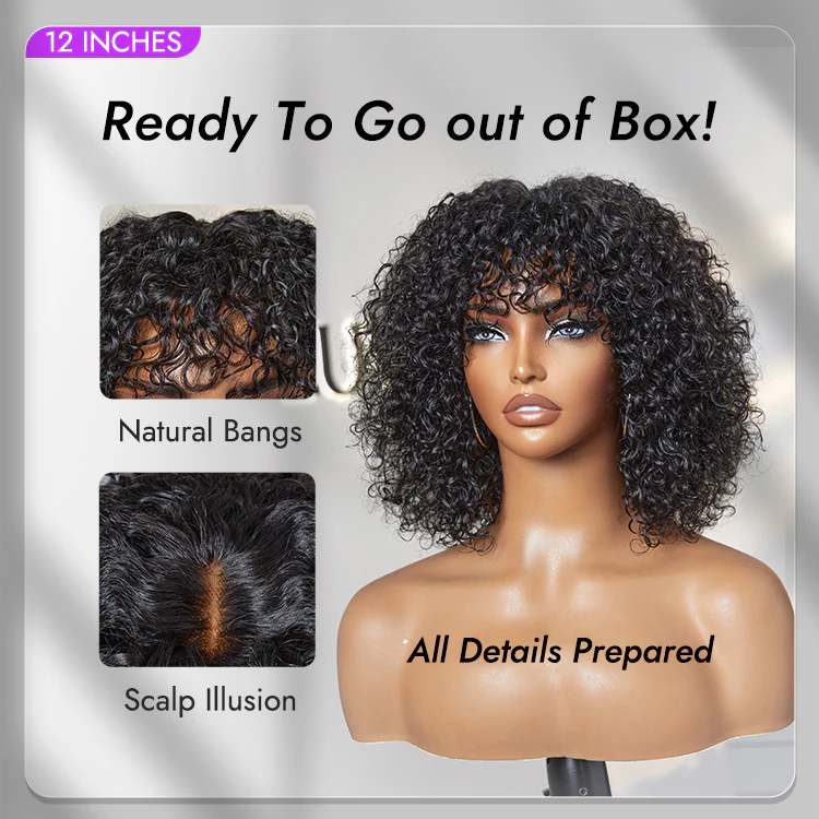 New Customers Only | Beginner Friendly Water Wave Minimalist Lace Glueless Short Curly Wig with Bangs - Image 9