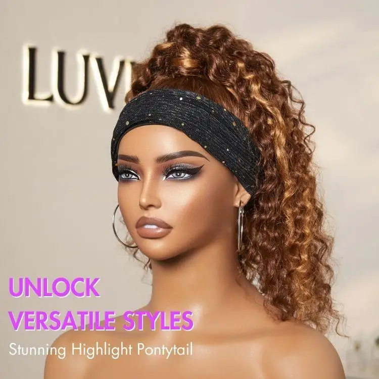 New Customers Only | Black / Brown Highlight Deep Wave Headband Wig (Get Free Trendy Headbands) - Image 10